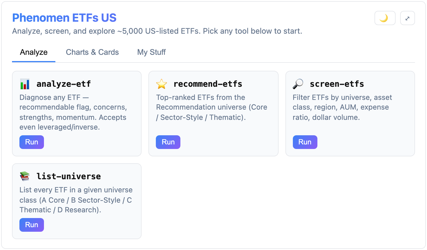 The Phenomen ETFs US home widget inside an AI chat, showing its tools: analyze, recommend, screen, and browse universes